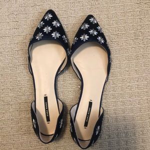Zara blue satin with silver embroidery flats